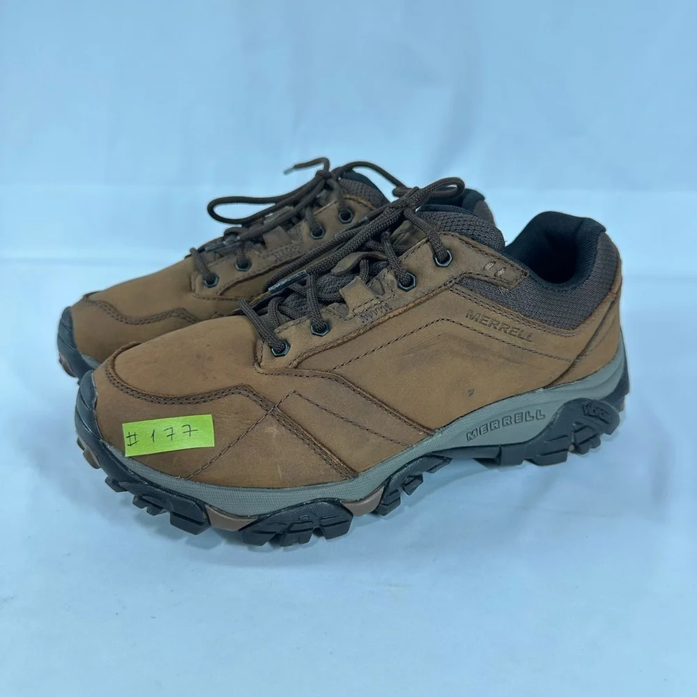 #177 Merrell Shoes Mens Size 8 Brown Leather Trail Hiking Vibram Sneakers J91827